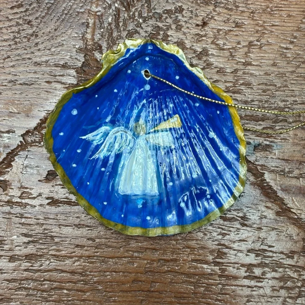 Hand-Painted Angel Shell Ornament Blue Gold Trim Christmas
